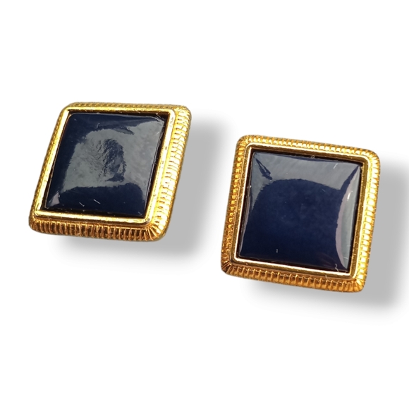 Liz Claiborne Vintage Clip on Earrings Square Blue Gold Signed - Picture 1 of 5